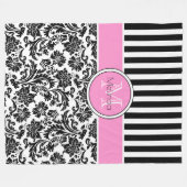 Zwart-wit Damasks & Stripes Monogram Fleece Deken (Voorkant (Horizontaal))