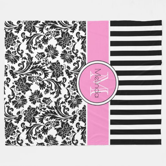 Zwart-wit Damasks & Stripes Monogram Fleece Deken (Voorkant (Horizontaal))