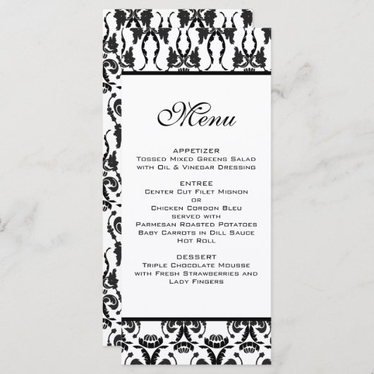 Zwart-wit Damaskus Trouwmenu Menu (Voorkant / Achterkant)