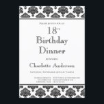 Zwart-wit Damaspatroon 18th Birthday Dinner Kaart<br><div class="desc">Een elegante zwarte en witte vogel patterde de uitnodiging van het 18e verjaardagsdiner.</div>
