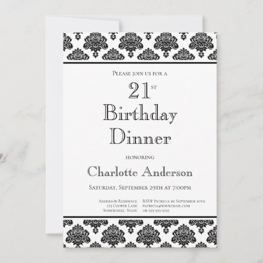 Zwart-wit Damaspatroon 21ste geboortedag Kaart (Voorkant)