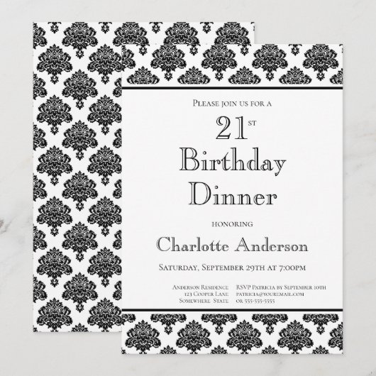 Zwart-wit Damaspatroon 21ste geboortedag Kaart (Voorkant / Achterkant)