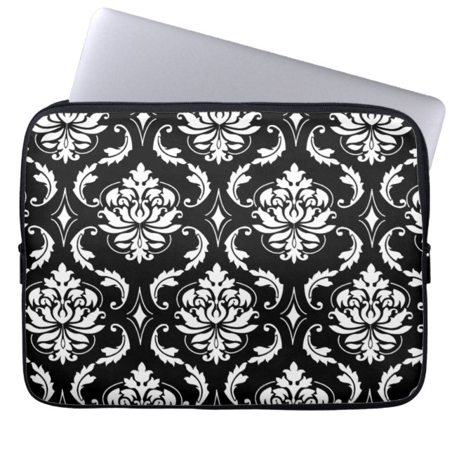 Zwart-wit  Damaspatroon Laptop Sleeve (Voorkant)
