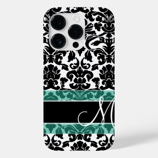 Zwart-wit Damaspatroon met monogram Case-Mate iPhone Case (Achterkant)