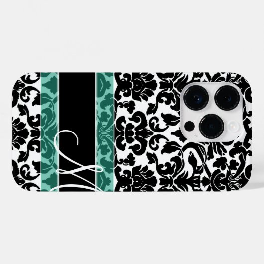 Zwart-wit Damaspatroon met monogram Case-Mate iPhone Case (Achterkant (horizontaal))