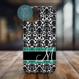 Zwart-wit Damaspatroon met monogram iPhone 16 Hoesje