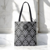 Zwart-wit Damaspatroon met monogram Tote Bag