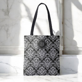 Zwart-wit Damaspatroon met monogram Tote Bag