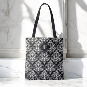 Zwart-wit Damaspatroon met monogram Tote Bag