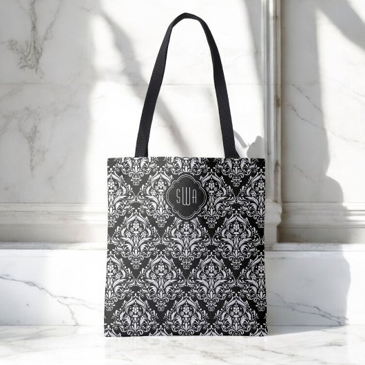 Zwart-wit Damaspatroon met monogram Tote Bag
