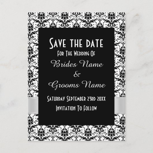 Zwart-wit damast bewaar de datum aankondigingskaart (Voorkant)