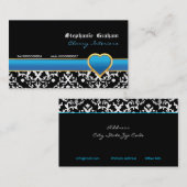 Zwart wit damast blauw hart visitekaartje (Voorkant / Achterkant)