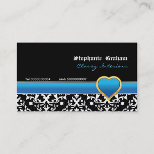 Zwart wit damast blauw hart visitekaartje