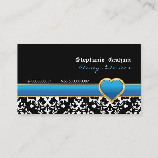 Zwart wit damast blauw hart visitekaartje (Voorkant)