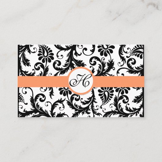 Zwart-wit Damast Bloemen met Koraal Trim Visitekaartje (Achterkant)