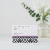 Zwart-wit Damast Bloemen met Paarse Lint Visitekaartje (Staand voorkant)