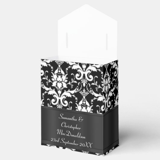 Zwart-wit damast bruiloft bedankdoosjes (Geopend)