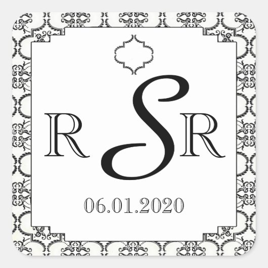Zwart-wit Damast Bruiloft Monogram Vierkante Sticker (Voorkant)