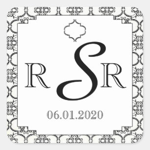 Zwart-wit Damast Bruiloft Monogram Vierkante Sticker