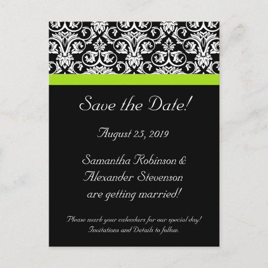 Zwart/Wit Damast Chartreuse Groen Sla de datum op Aankondigingskaart (Voorkant)