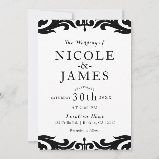 Zwart & wit damast chic elegante minimalistische b kaart (Voorkant)