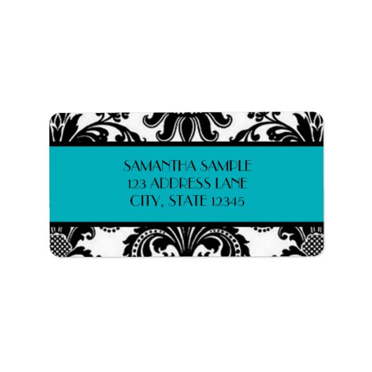 Zwart-wit damast, diep turkoois etiket (Voorkant)