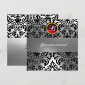 ZWART & WIT DAMAST EDELSTEEN MONOGRAM rode robijn Kaart (Voorkant / Achterkant)