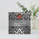 ZWART & WIT DAMAST EDELSTEEN MONOGRAM rode robijn Kaart (Staand voorkant)