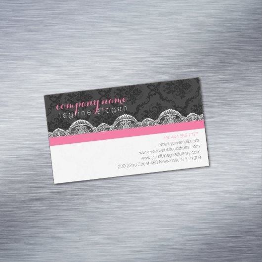 Zwart-wit damast en kant bruiloft schaafmachine magnetisch visitekaartje (Voorbeeld)