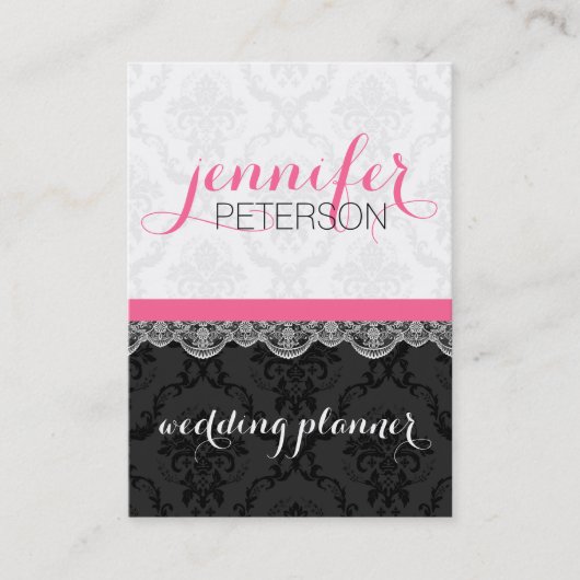 Zwart-wit damast en kant bruiloft schaafmachine visitekaartje (Voorkant)
