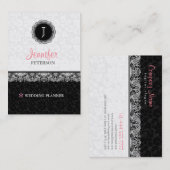 Zwart-wit damast en kant monogram visitekaartje (Voorkant / Achterkant)