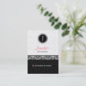 Zwart-wit damast en kant monogram visitekaartje (Staand voorkant)