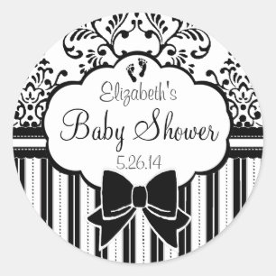 Zwart-wit Damast en Stripes Baby shower Ronde Sticker