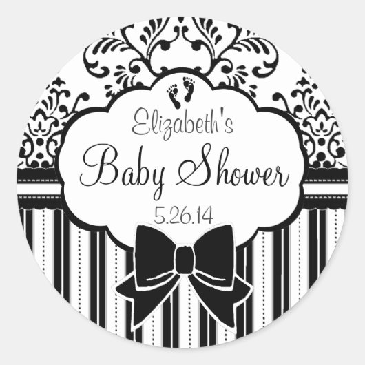 Zwart-wit Damast en Stripes Baby shower Ronde Sticker (Voorkant)