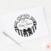 Zwart-wit Damast en Stripes Baby shower Ronde Sticker (Envelop)