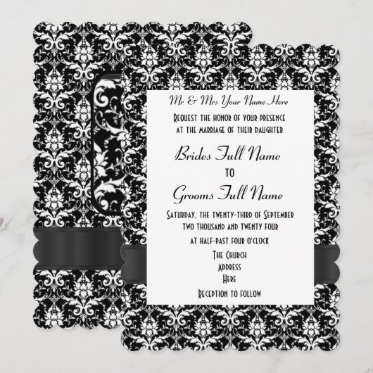 Zwart-wit damast formeel huwelijk kaart (Voorkant / Achterkant)