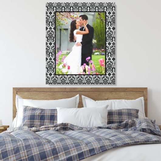 Zwart-wit Damast Foto Lijst Canvas Print (Insitu (Slaapkamer))