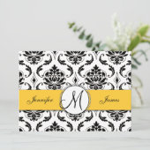 Zwart Wit Damast Geel Bruiloft Uitnodiging (Staand voorkant)