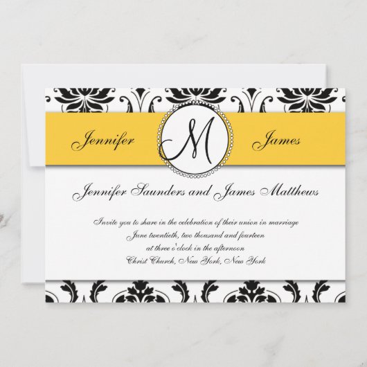 Zwart Wit Damast Geel Bruiloft Uitnodiging (Achterkant)
