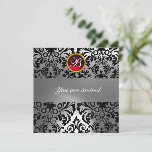 ZWART & WIT DAMAST GEM STONE MONOGRAM rode robijn Kaart (Staand voorkant)