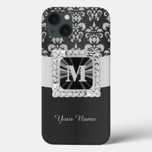 Zwart-wit damast gepersonaliseerd iPhone 13 hoesje