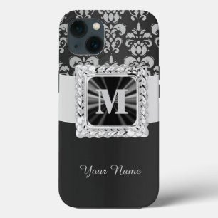 Zwart-wit damast gepersonaliseerd iPhone 13 hoesje