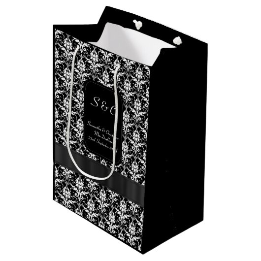 Zwart-wit damast gepersonaliseerde bruiloft medium cadeauzakje (Voorkant Gekanteld)