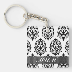 Zwart-wit damast gepersonaliseerde moeder sleutelhanger