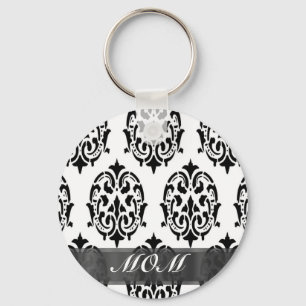 Zwart-wit damast gepersonaliseerde moeder sleutelhanger