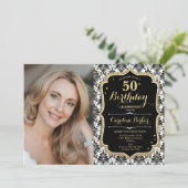 Zwart wit damast gouden foto 50e verjaardag kaart (Staand voorkant)