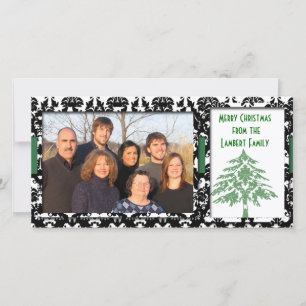 Zwart & Wit Damast Groene Boom Prettig Kerstfeest Feestdagenkaart