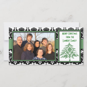 Zwart & Wit Damast Groene Boom Prettig Kerstfeest Feestdagenkaart