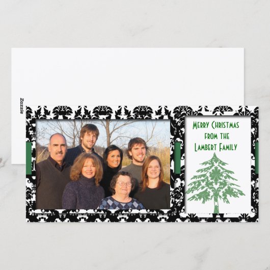 Zwart & Wit Damast Groene Boom Vrolijk Kerstfeest Feestdagenkaart (Voorkant / Achterkant)