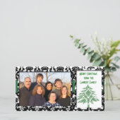 Zwart & Wit Damast Groene Boom Vrolijk Kerstfeest Feestdagenkaart (Staand voorkant)